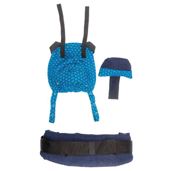 African Baby Carrier Denim-Shweshwe Deluxe (Carrier includes all accessories. carry bag, detachable moonbag)