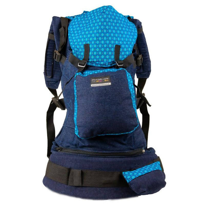 African Baby Carrier Denim-Shweshwe Deluxe (Carrier includes all accessories. carry bag, detachable moonbag)