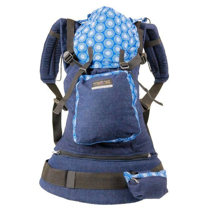 African Baby Carrier Denim-Shweshwe Deluxe (Carrier includes all accessories. carry bag, detachable moonbag)