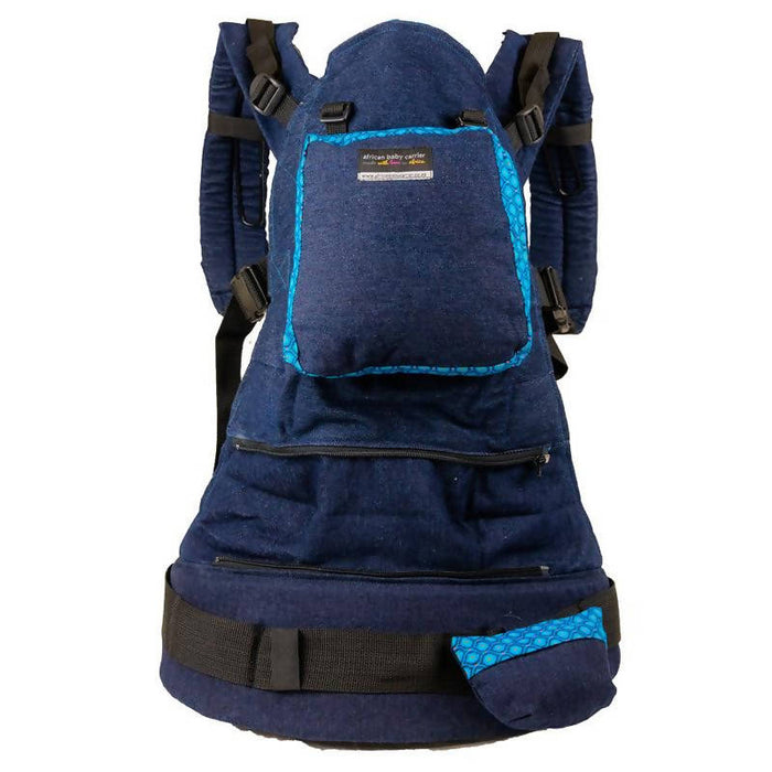 African Baby Carrier Denim-Shweshwe Deluxe (Carrier includes all accessories. carry bag, detachable moonbag)