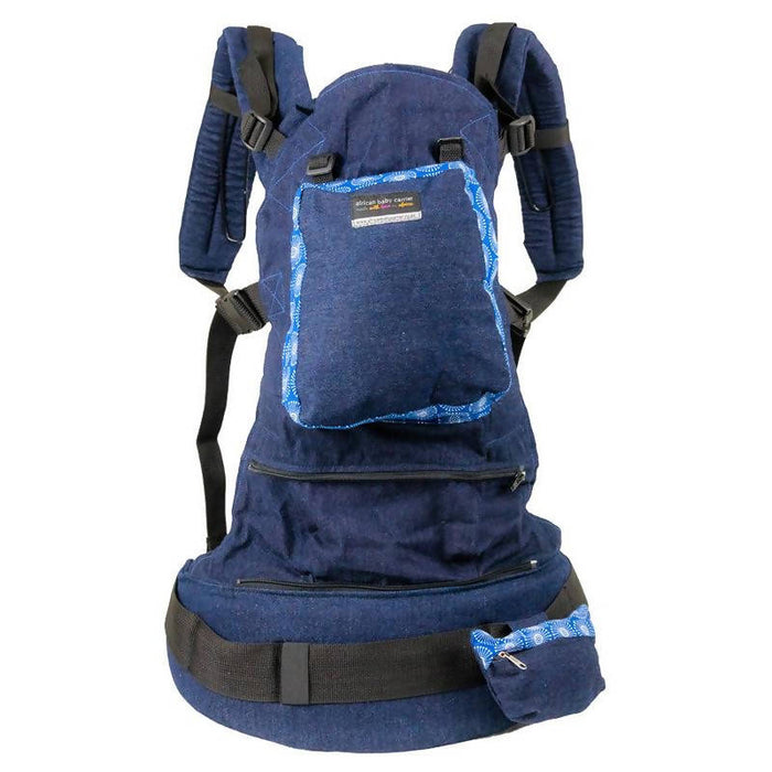 African Baby Carrier Denim-Shweshwe Deluxe (Carrier includes all accessories. carry bag, detachable moonbag)